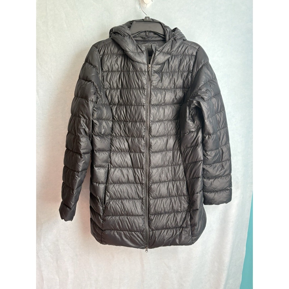 Eddie Bauer Black Hooded Down Puffer Jacket Womens Large Mid Length Packable